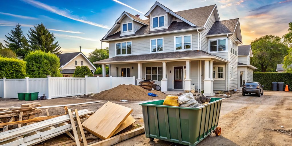 Roll-off dumpster loaded with kitchen renovation debris at a Central Massachusetts jobsite